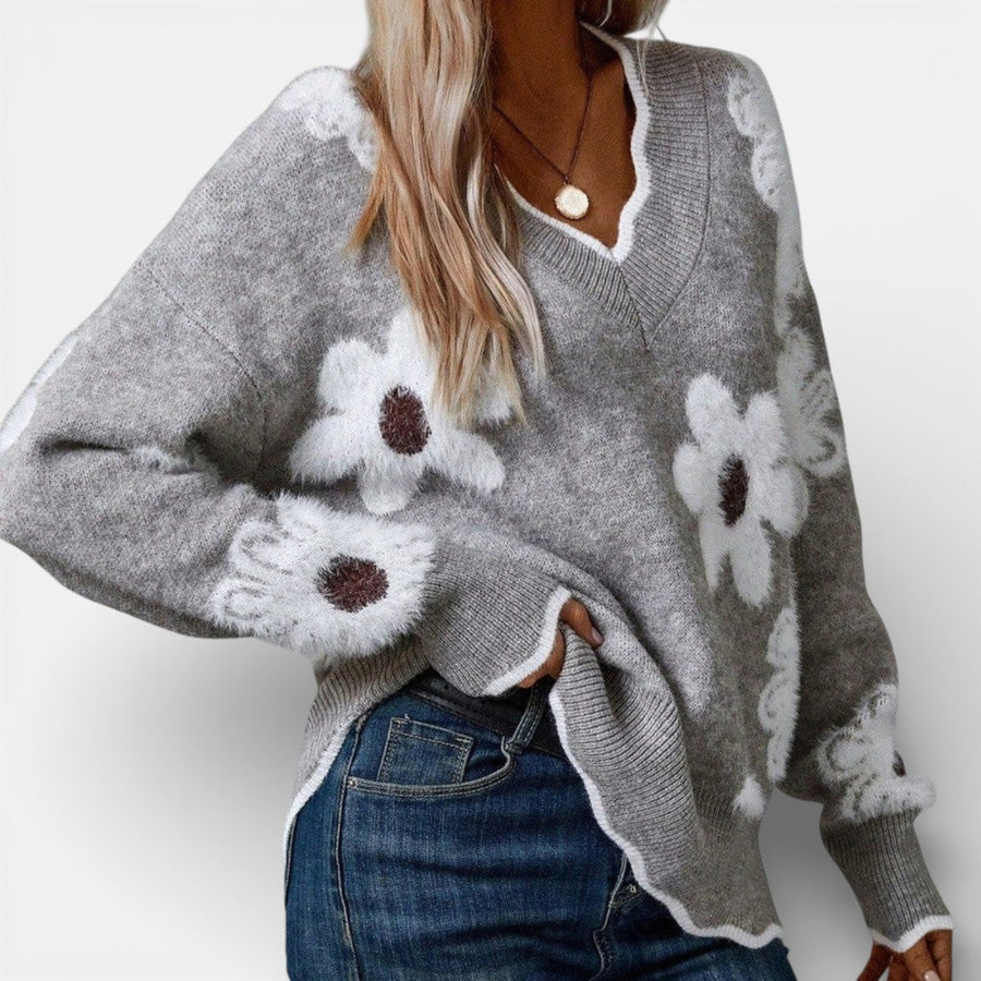 Thea| Elegant V-Neck Floral Jumper for Women