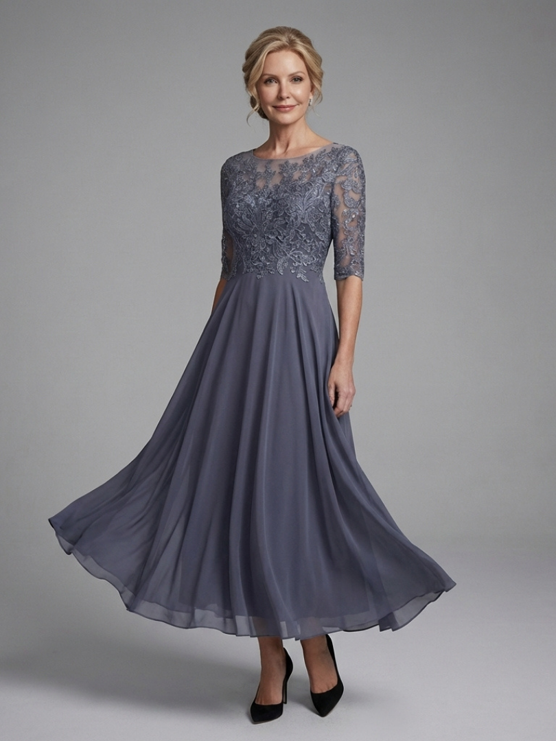 Olivina | Midi Dress with Lace Bodice and Sheer Sleeves