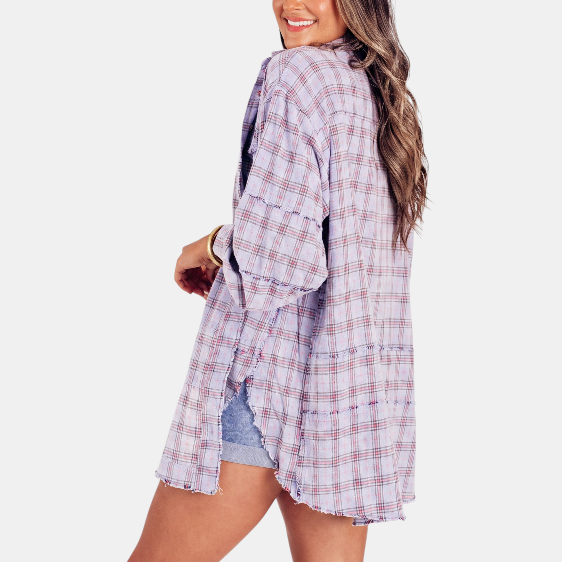 Women's Raw Hem Flannel Shirt Oversized Long Sleeve Blouse