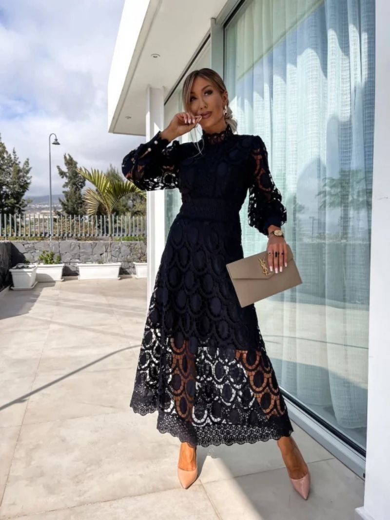 Scarlett | Pink Lace Midi Dress with High Neck and Puff Sleeves