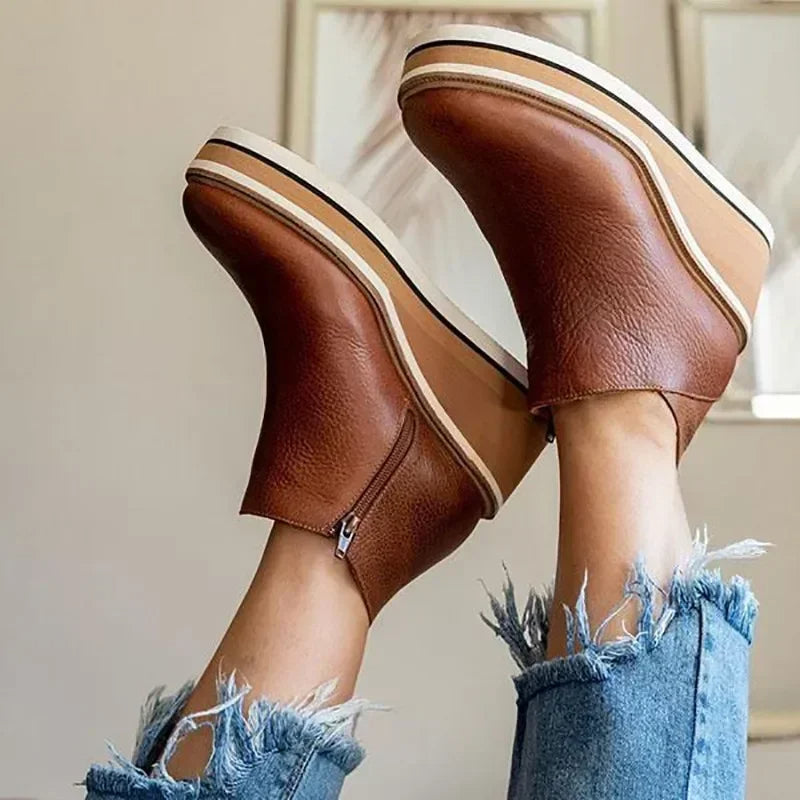 Women's Winter Leather Wedge Heel Ankle Boots