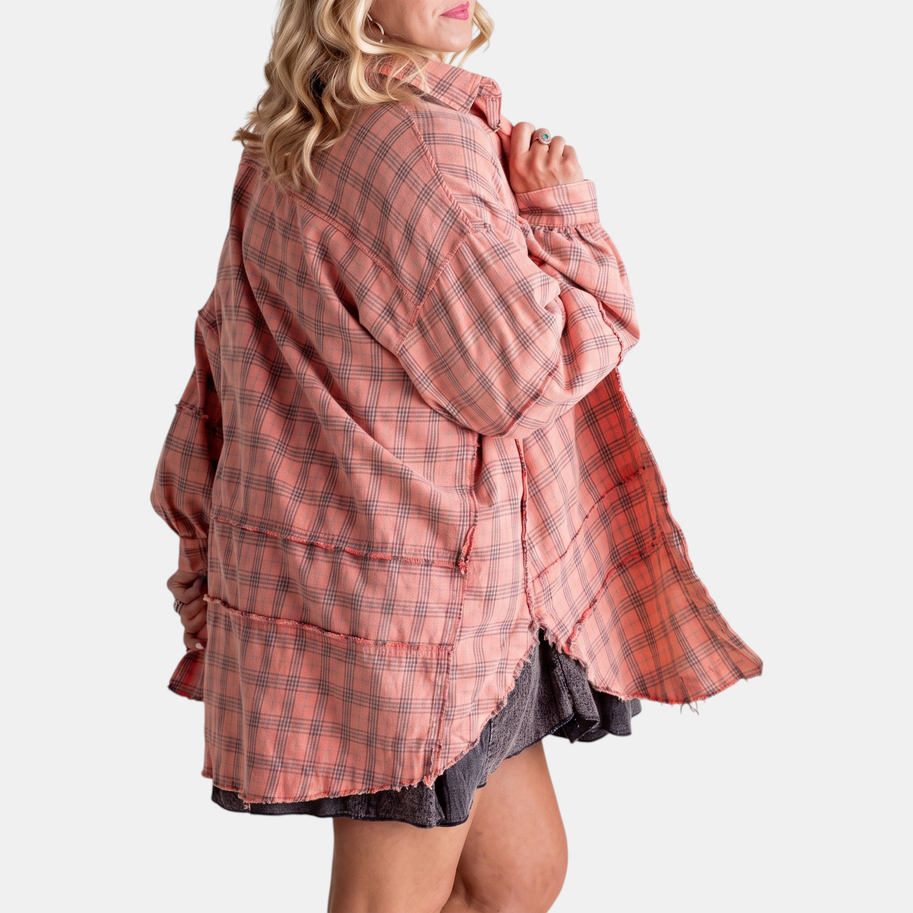 Women's Raw Hem Flannel Shirt Oversized Long Sleeve Blouse