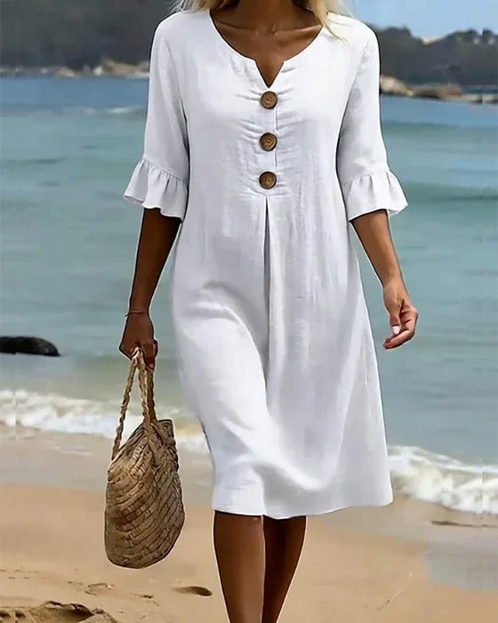 Brynn | White V-Neck Midi Dress with Ruffle Sleeves and Wooden Button Detail