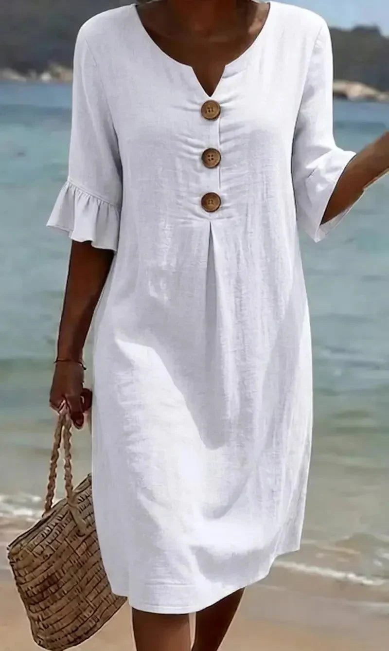 Brynn | White V-Neck Midi Dress with Ruffle Sleeves and Wooden Button Detail