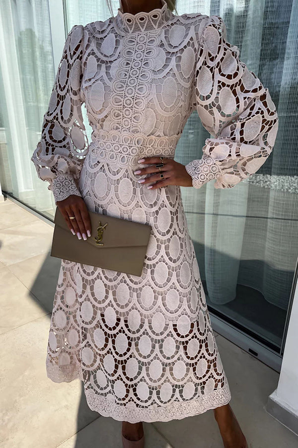 Scarlett | Pink Lace Midi Dress with High Neck and Puff Sleeves