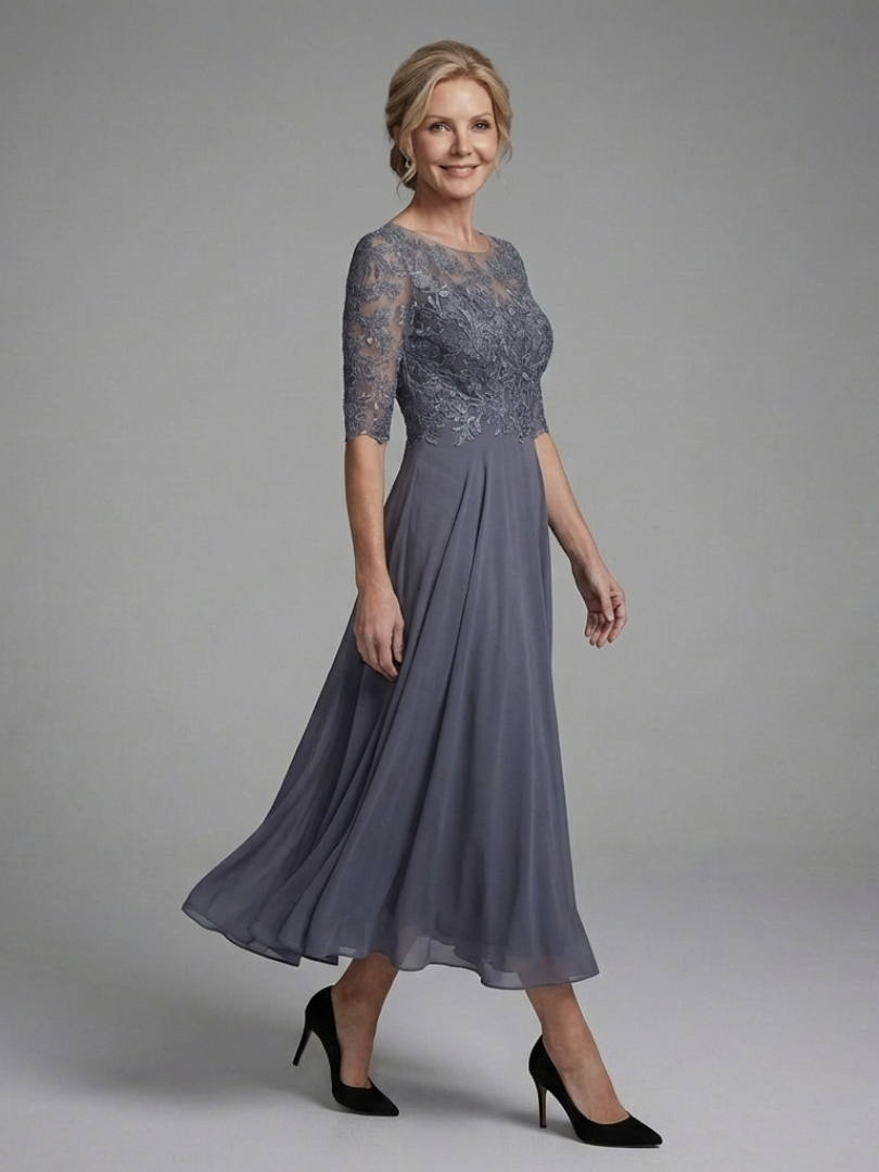 Olivina | Midi Dress with Lace Bodice and Sheer Sleeves