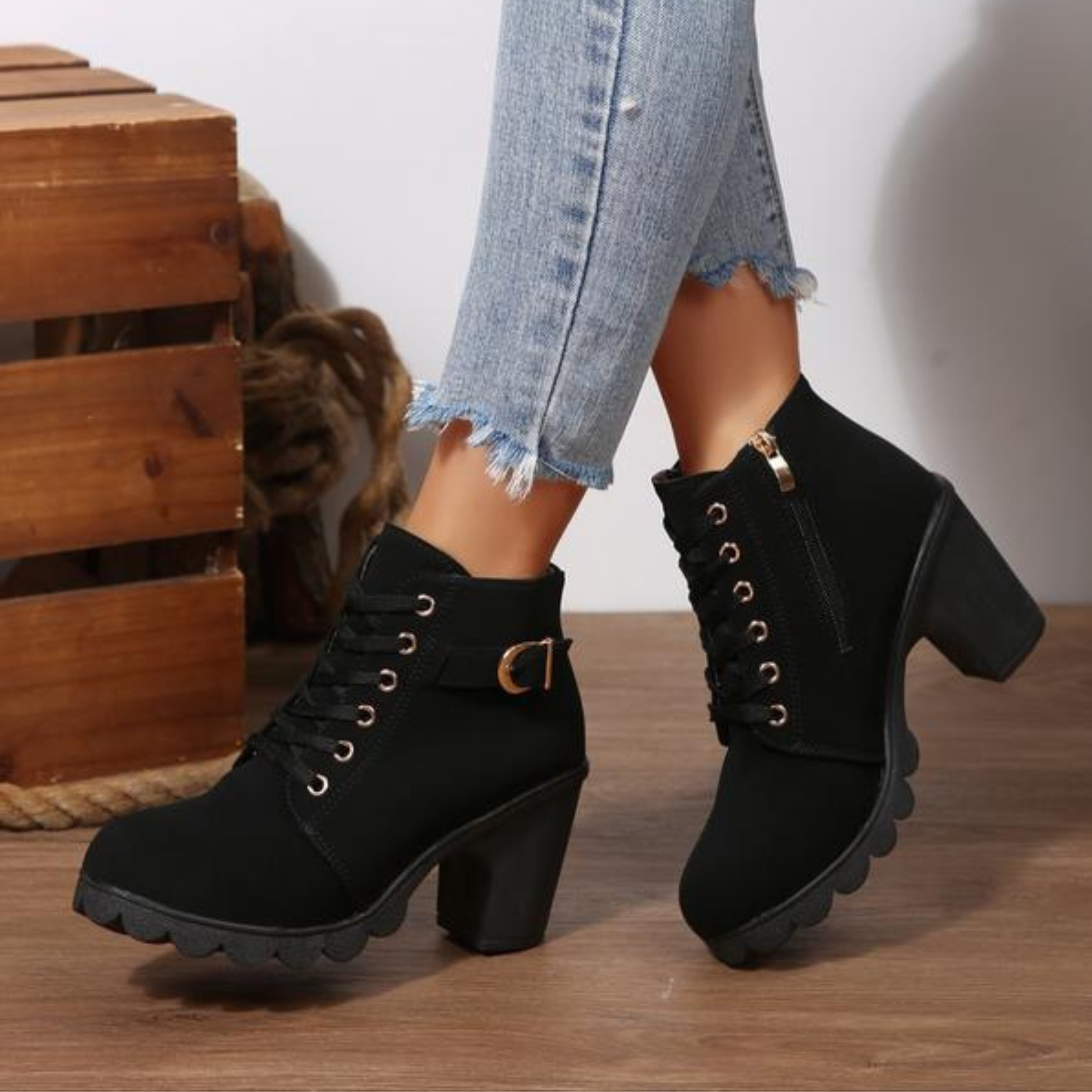KATNI - Chic Lace-Up Metal Buckle Chunky Ankle Boots