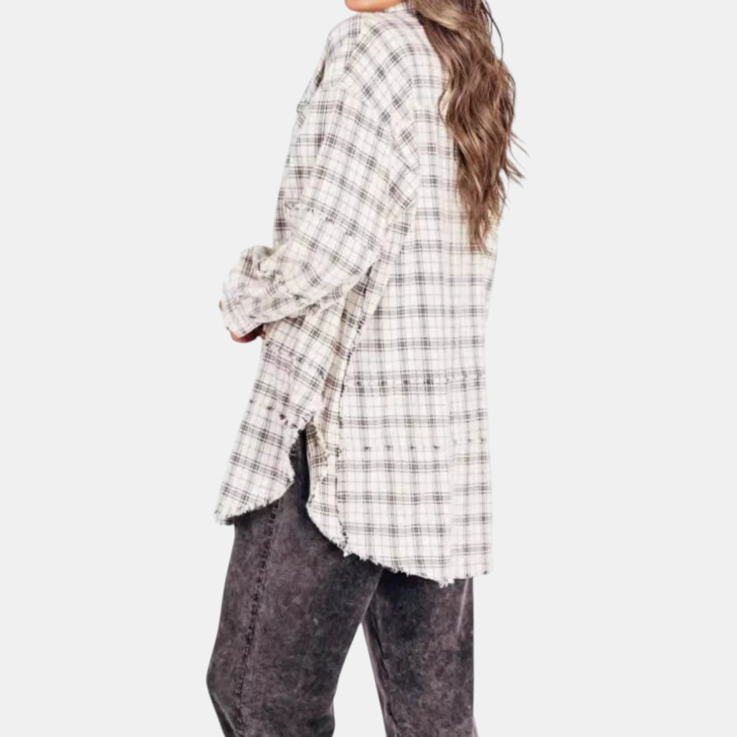 Women's Raw Hem Flannel Shirt Oversized Long Sleeve Blouse