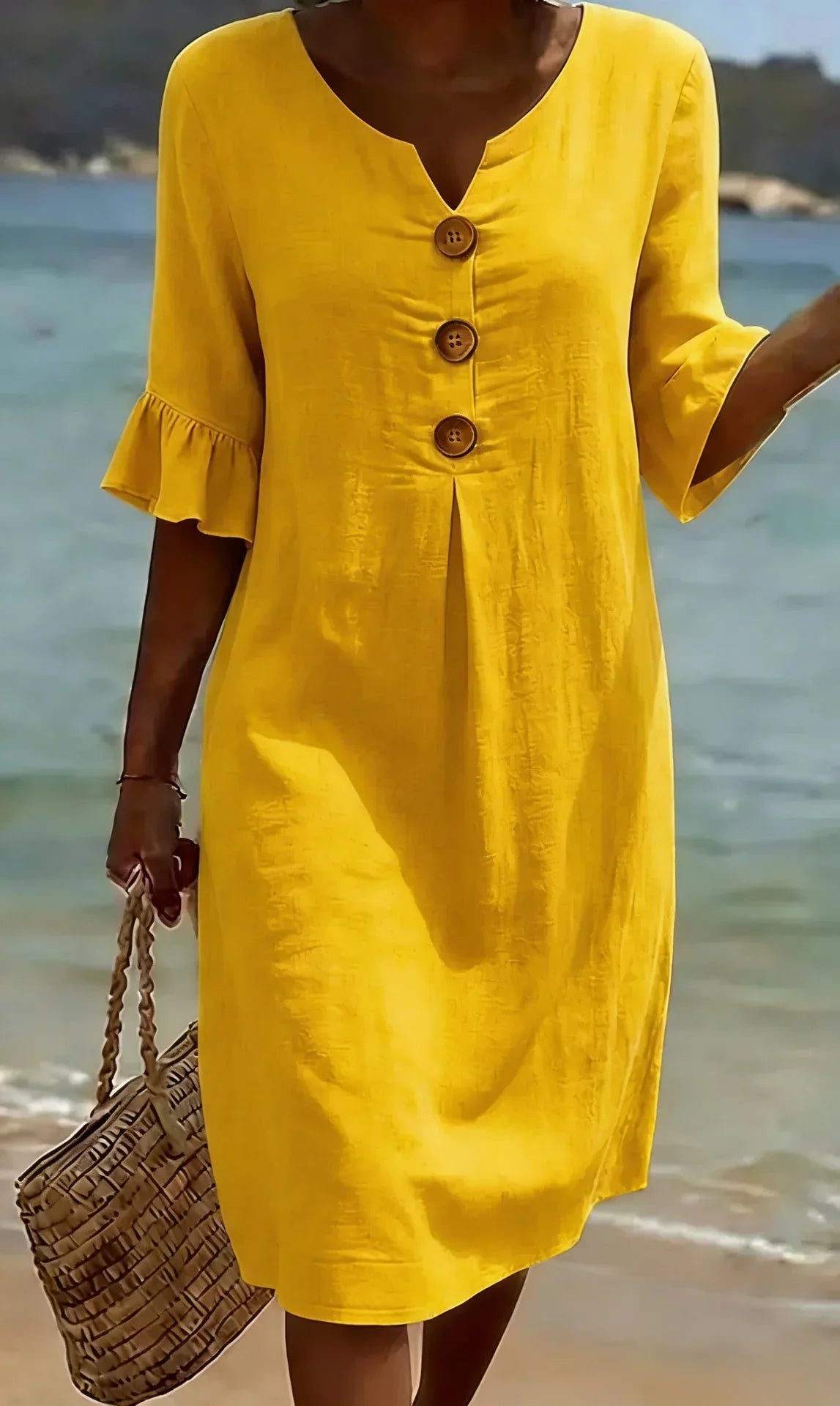 Brynn | White V-Neck Midi Dress with Ruffle Sleeves and Wooden Button Detail