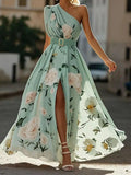 Julie | Light Green Floral Chiffon One-Shoulder Maxi Dress