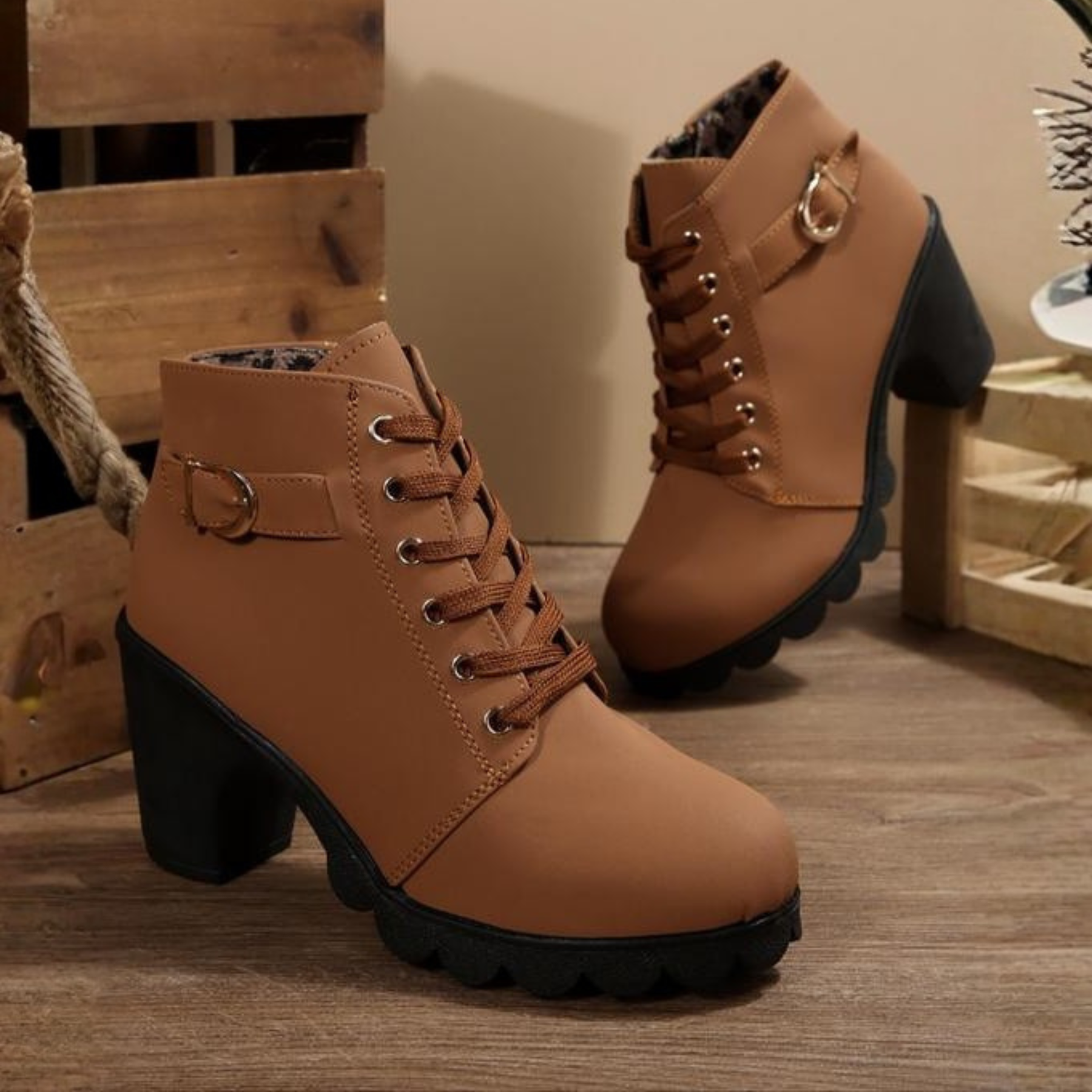 KATNI - Chic Lace-Up Metal Buckle Chunky Ankle Boots