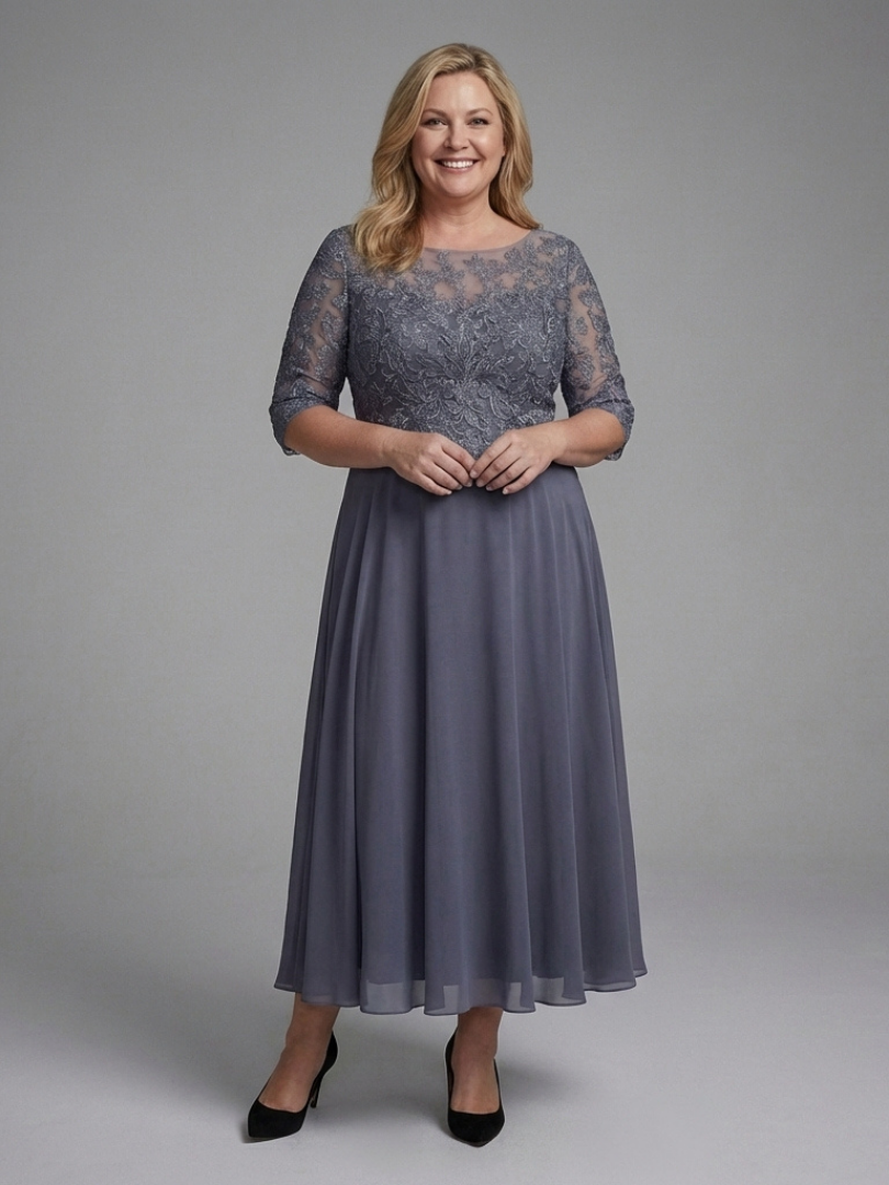 Olivina | Midi Dress with Lace Bodice and Sheer Sleeves