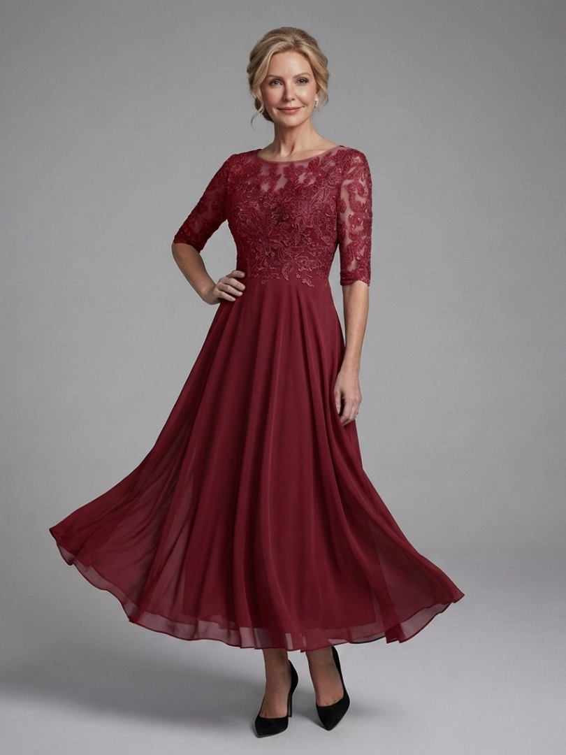 Olivina | Midi Dress with Lace Bodice and Sheer Sleeves