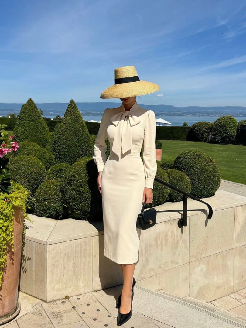 Kaelis | Fitted midi dress with long sleeves and bow at the neck