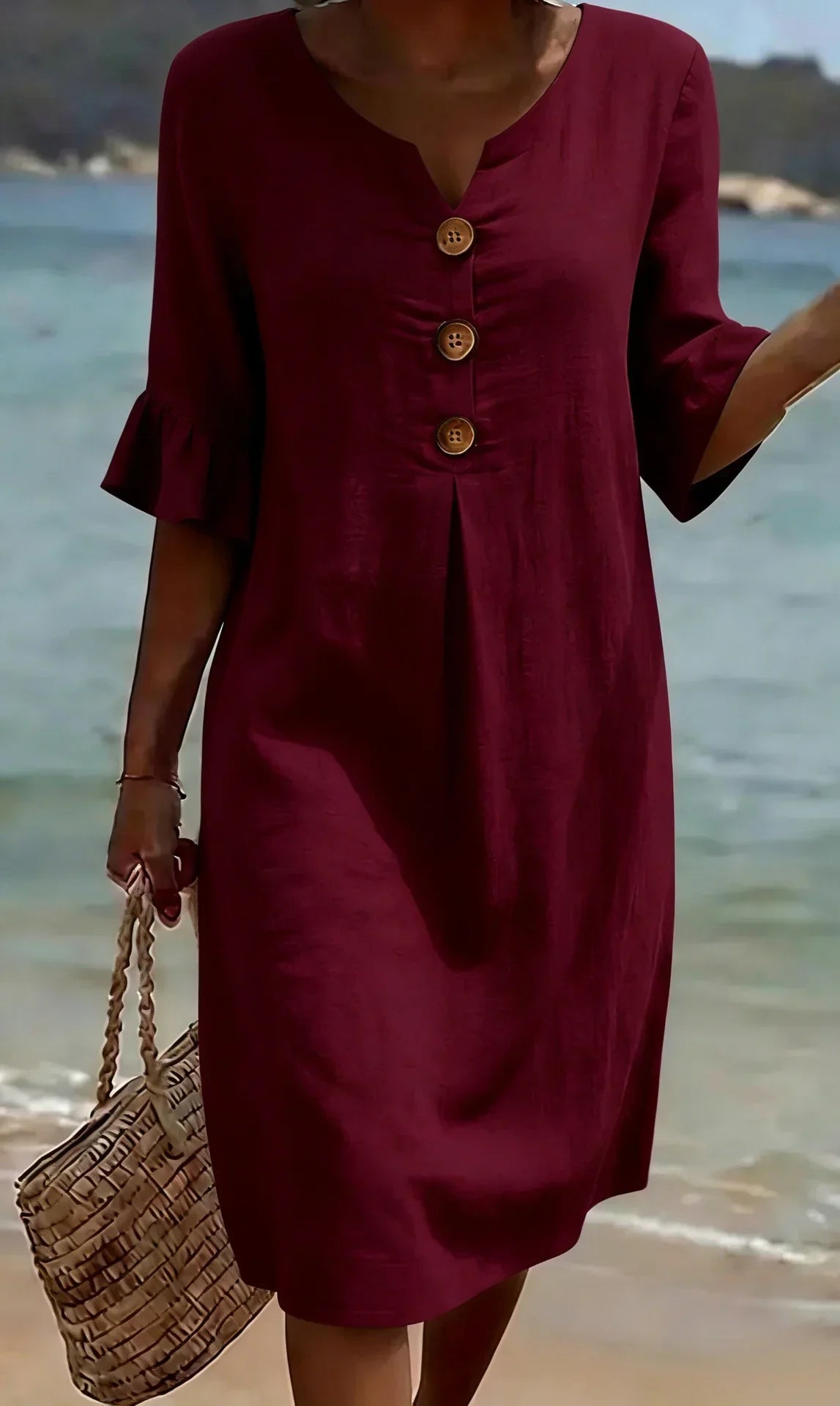 Brynn | White V-Neck Midi Dress with Ruffle Sleeves and Wooden Button Detail