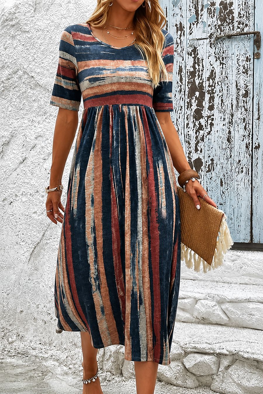Noèle - Midi Dress with Stripes to Conceal the Tummy