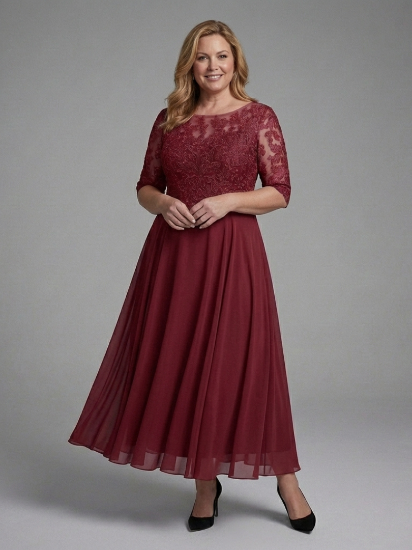 Olivina | Midi Dress with Lace Bodice and Sheer Sleeves