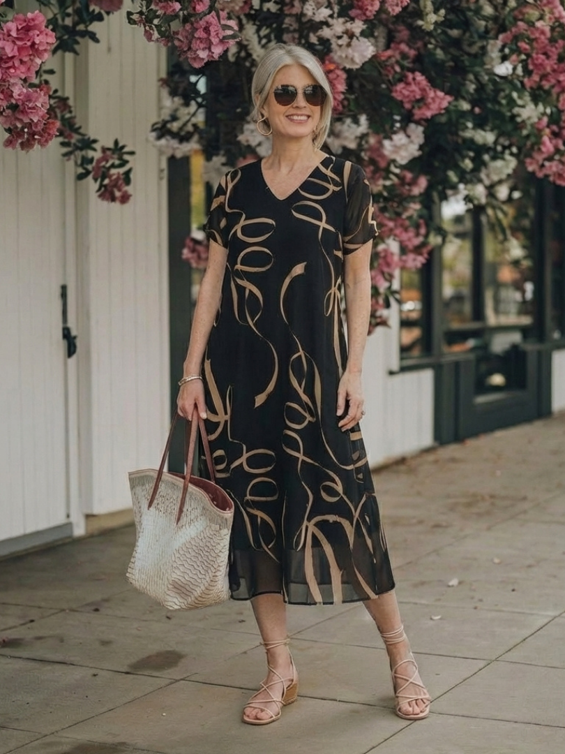 Adria | Abstract Midi Dress with Short Sleeves