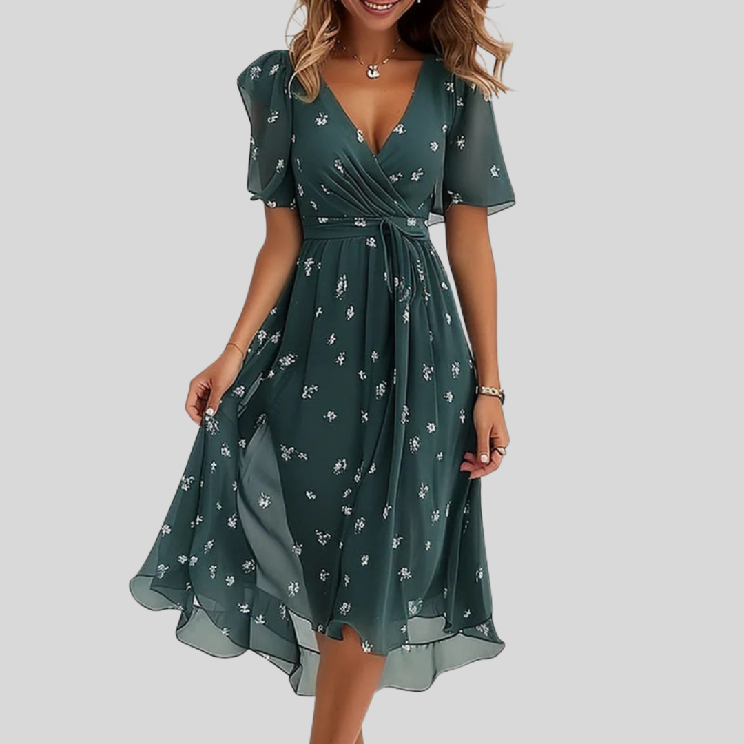 Jade | Floral Midi Dress with V-Neck and Flutter Sleeves