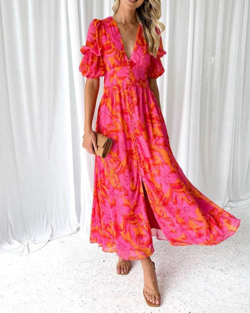 Riley | Floral Maxi Dress with Deep V-Neck and Flutter Sleeves