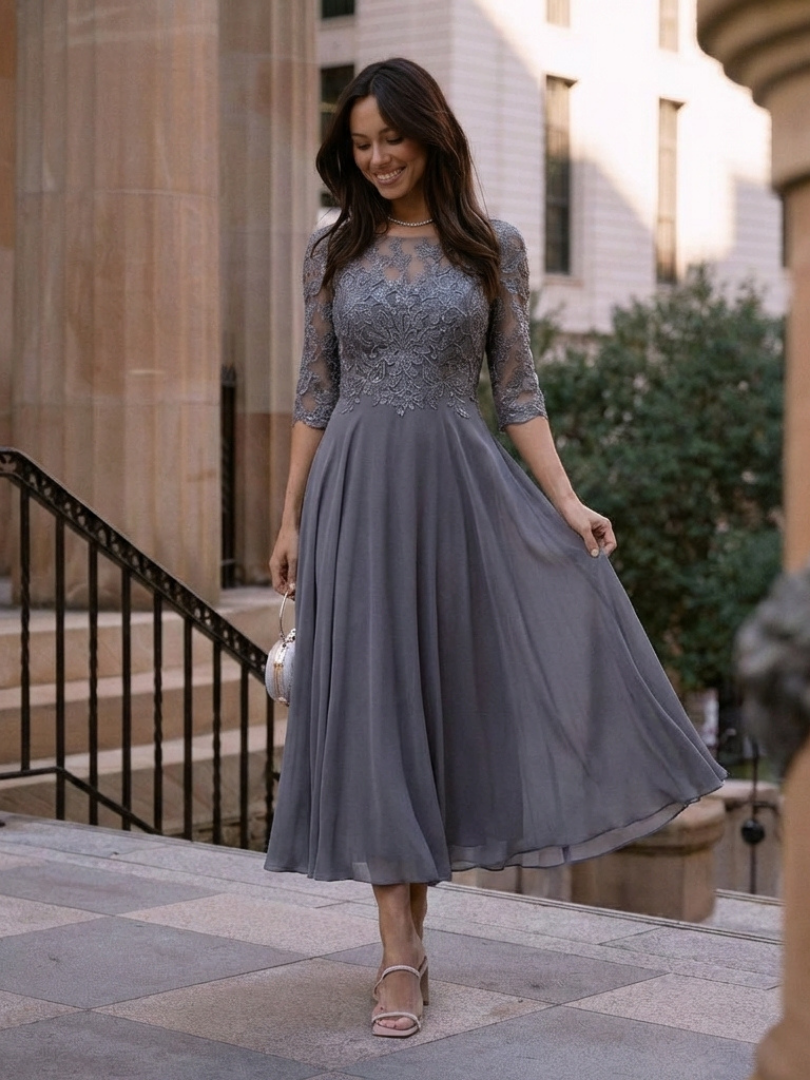 Olivina | Midi Dress with Lace Bodice and Sheer Sleeves