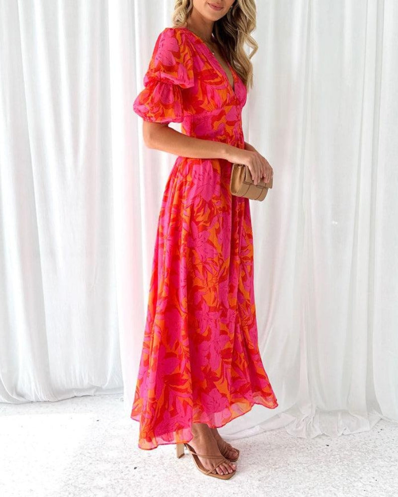 Riley | Floral Maxi Dress with Deep V-Neck and Flutter Sleeves