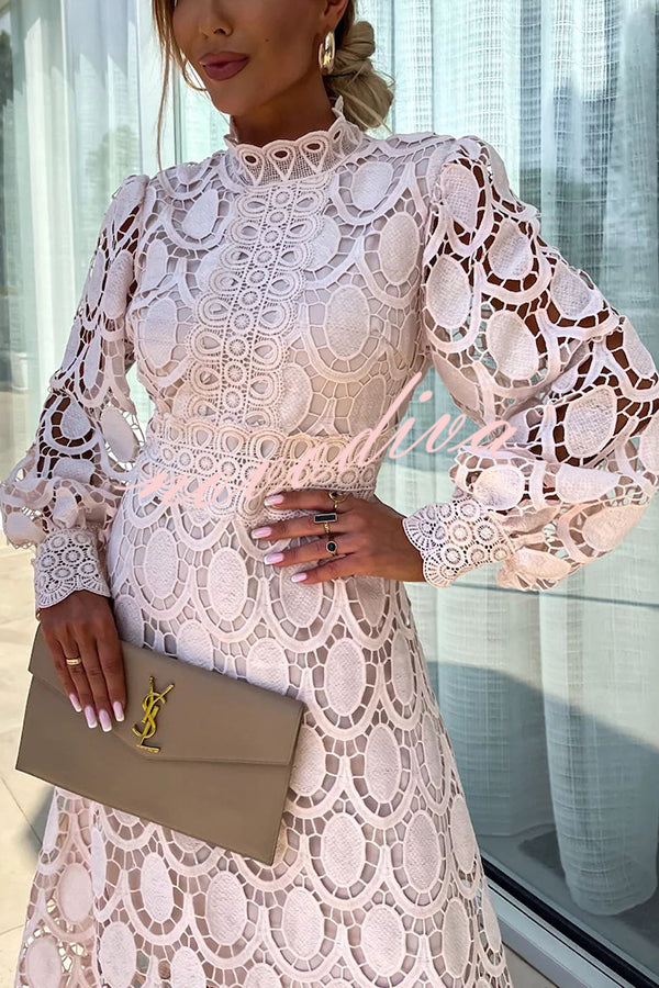 Scarlett | Pink Lace Midi Dress with High Neck and Puff Sleeves