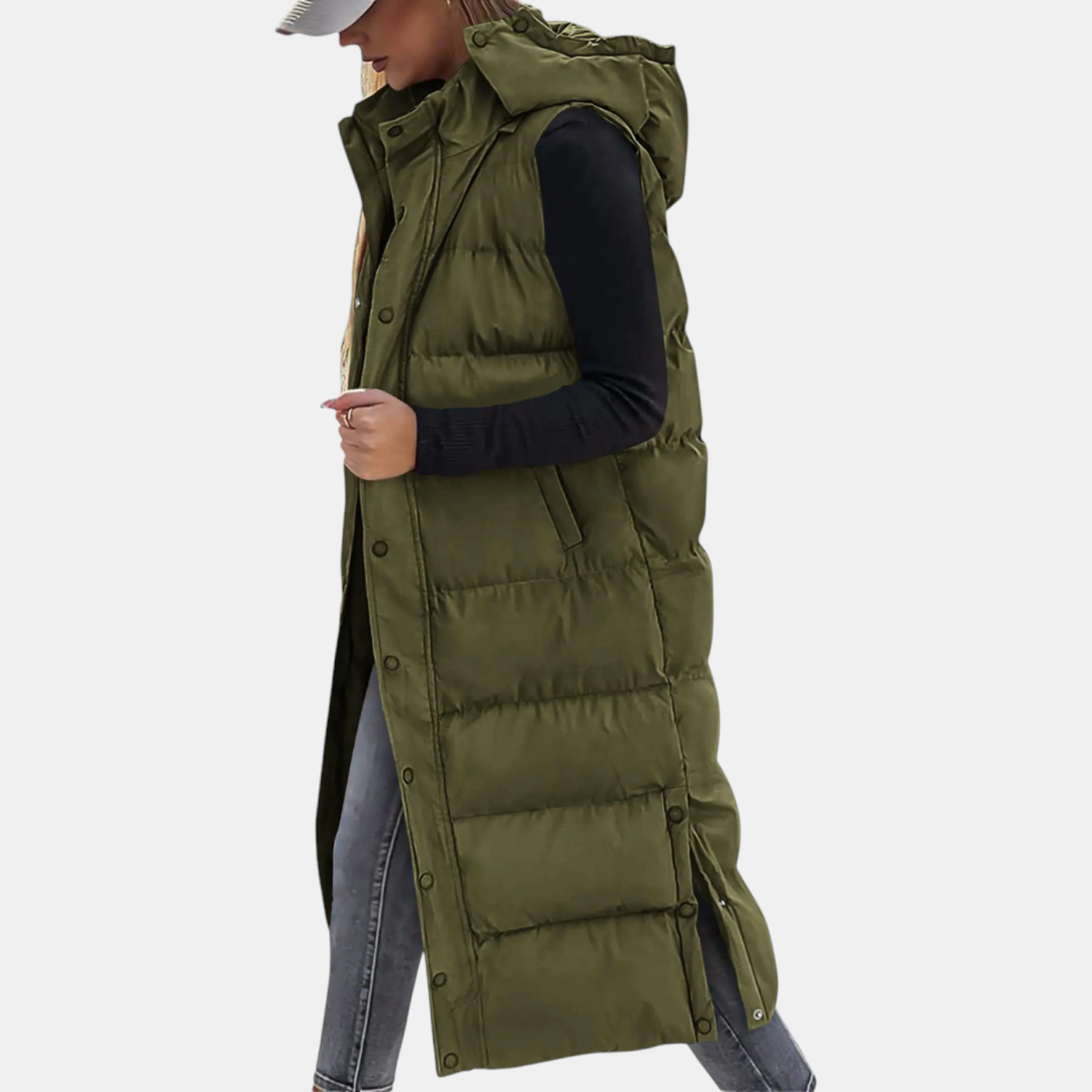 Women's Puffer Vest Quilted Hooded Maxi Length Button Down