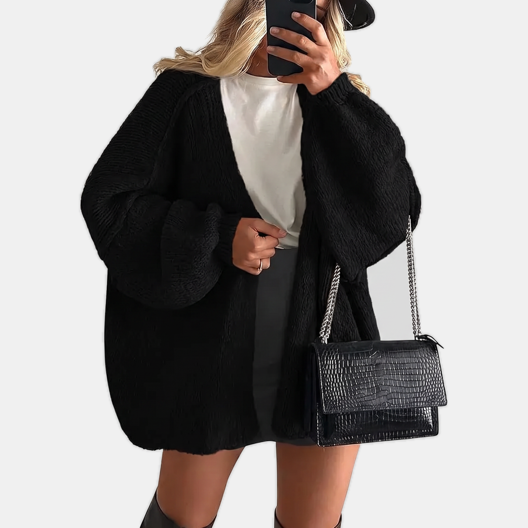 Women's Open Front Oversized Knit Cardigan with Lantern Sleeves