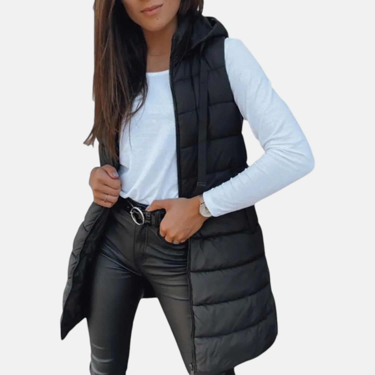 Women's Sleeveless Puffer Vest Longline Hooded Zip Front