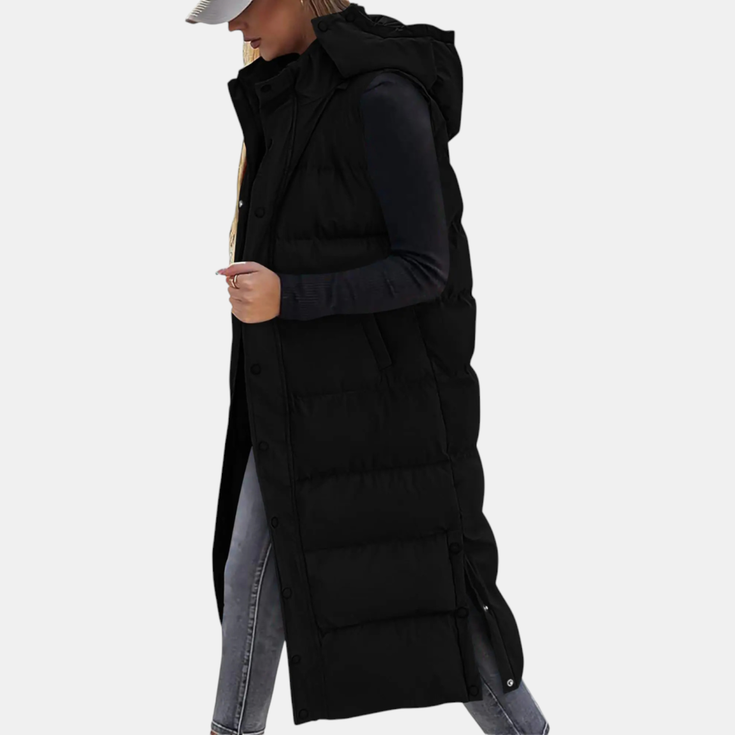 Women's Puffer Vest Quilted Hooded Maxi Length Button Down