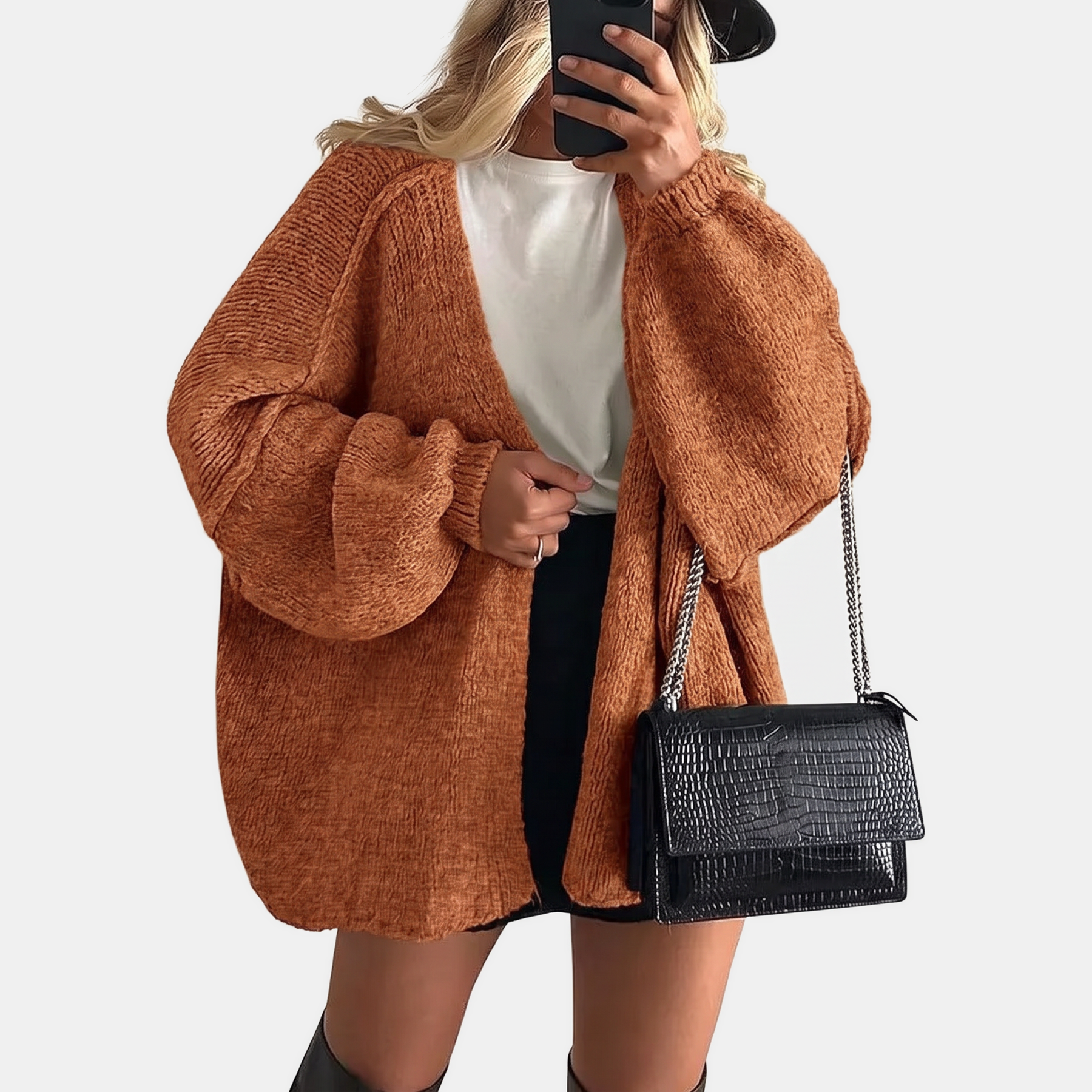 Women's Open Front Oversized Knit Cardigan with Lantern Sleeves