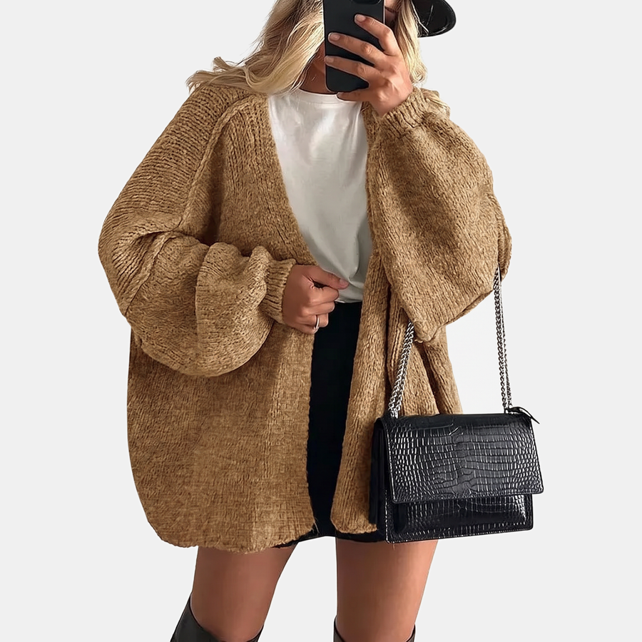 Women's Open Front Oversized Knit Cardigan with Lantern Sleeves