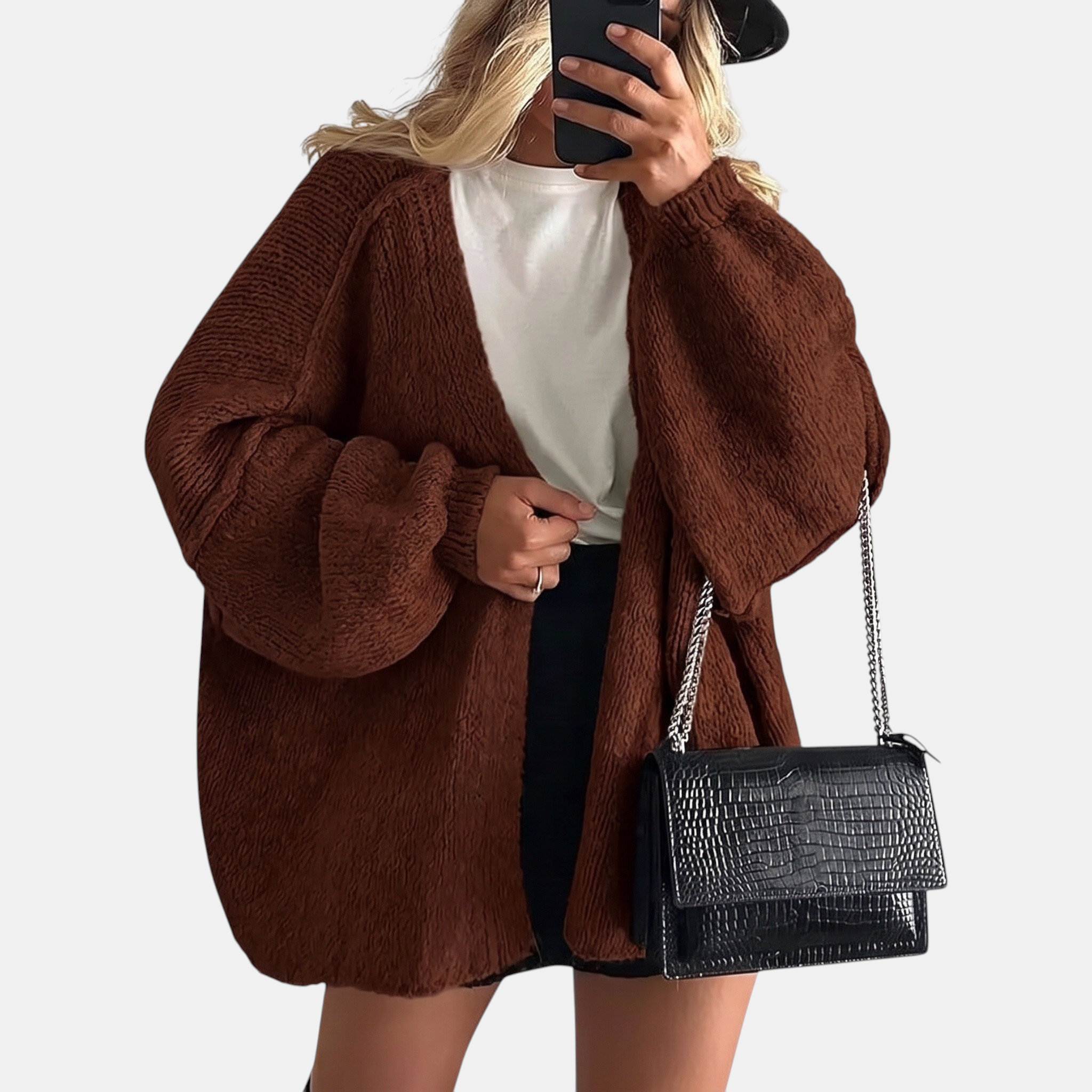 Women's Open Front Oversized Knit Cardigan with Lantern Sleeves