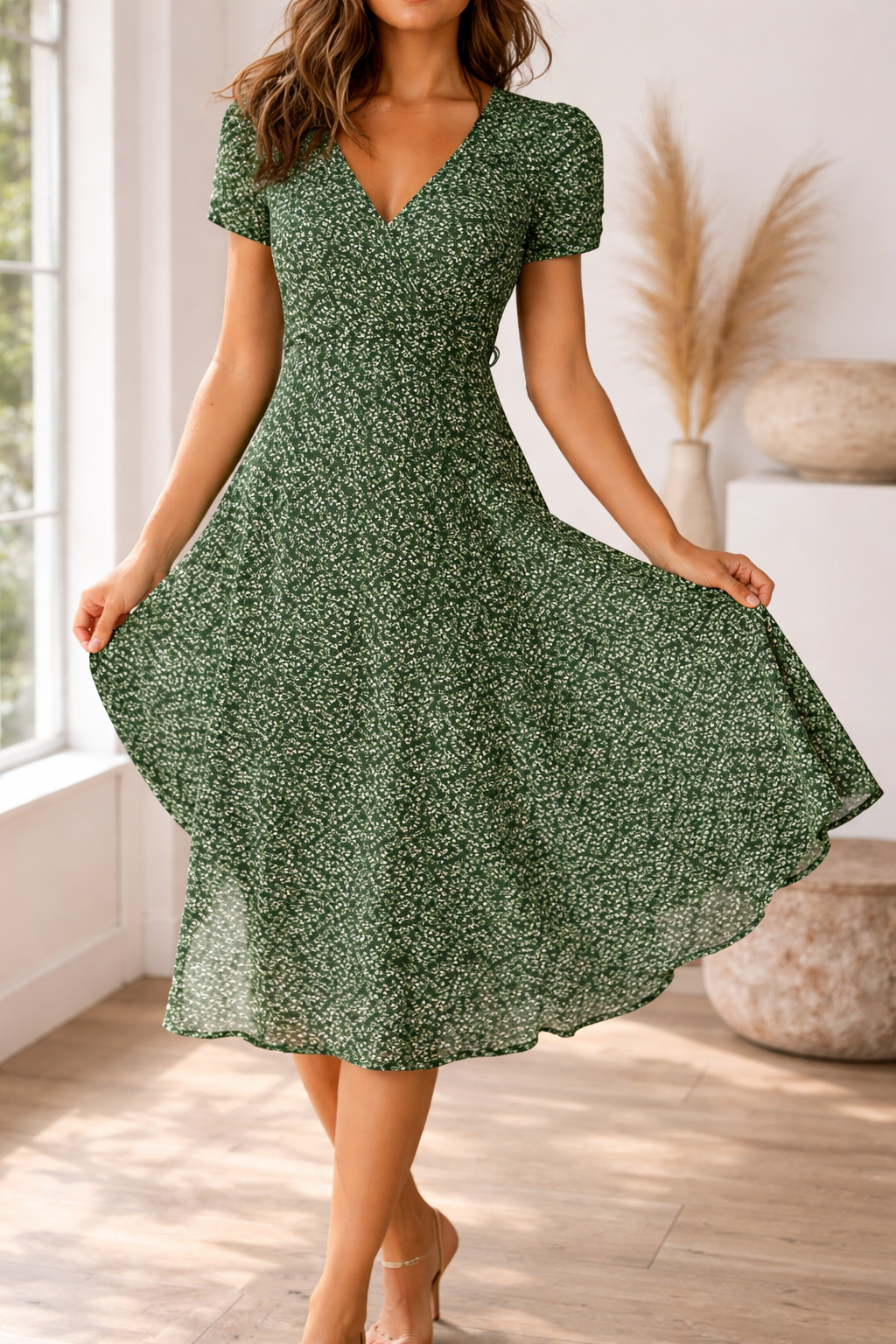 Eliza | Women’s V Neck Midi Dress with Short Sleeves
