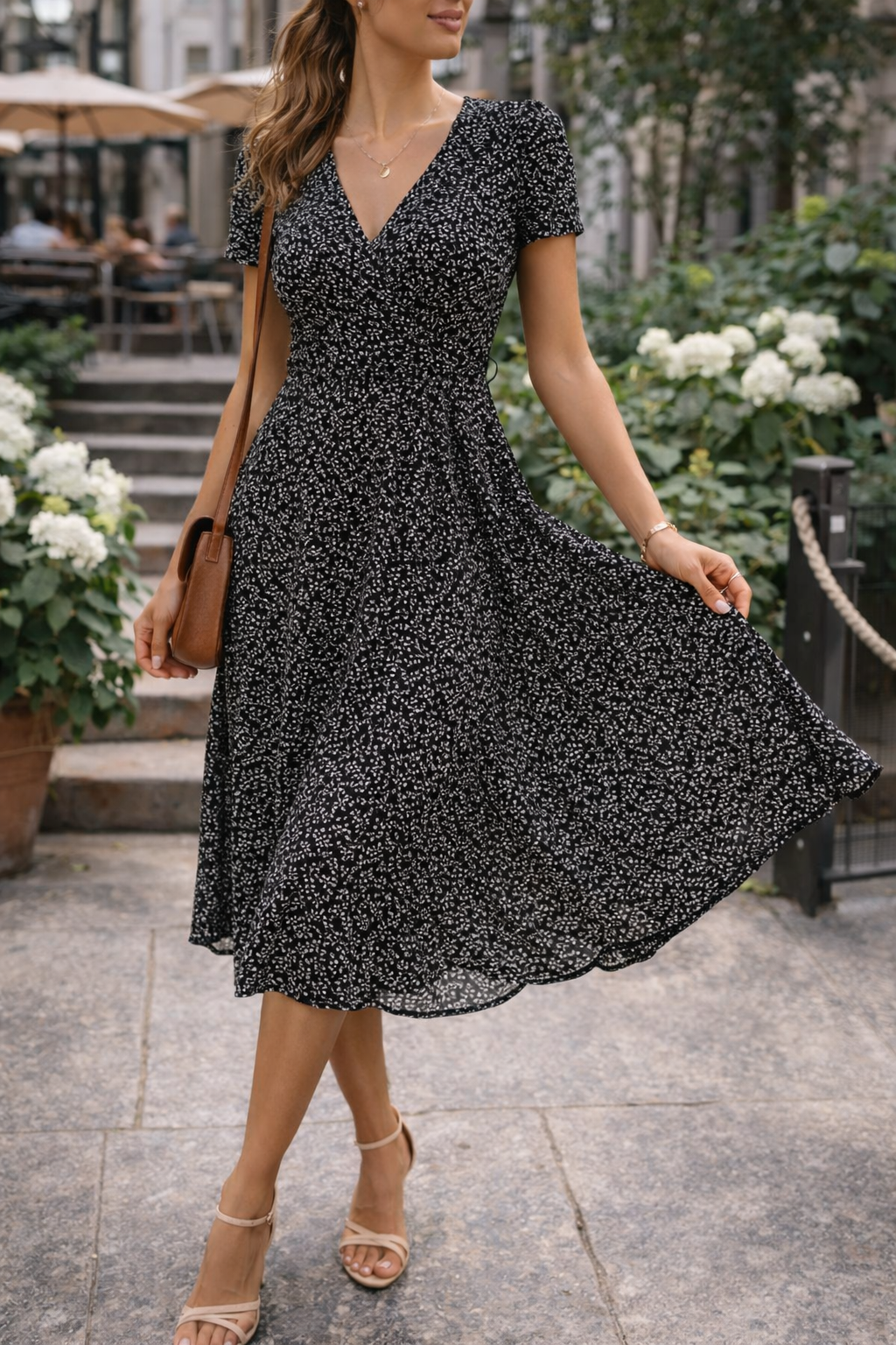 Eliza | Women’s V Neck Midi Dress with Short Sleeves