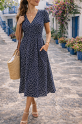 Eliza | Women’s V Neck Midi Dress with Short Sleeves