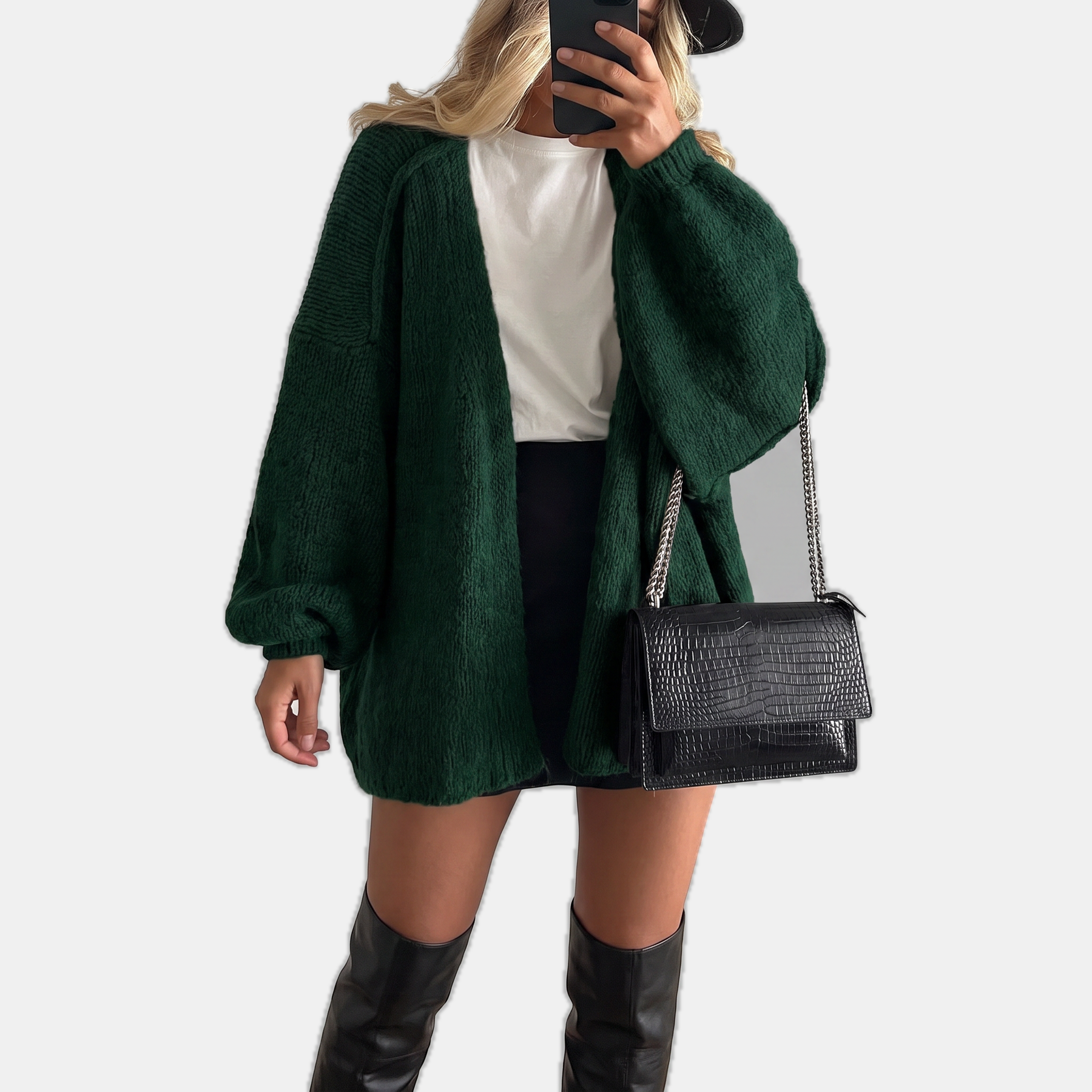 Women's Open Front Oversized Knit Cardigan with Lantern Sleeves
