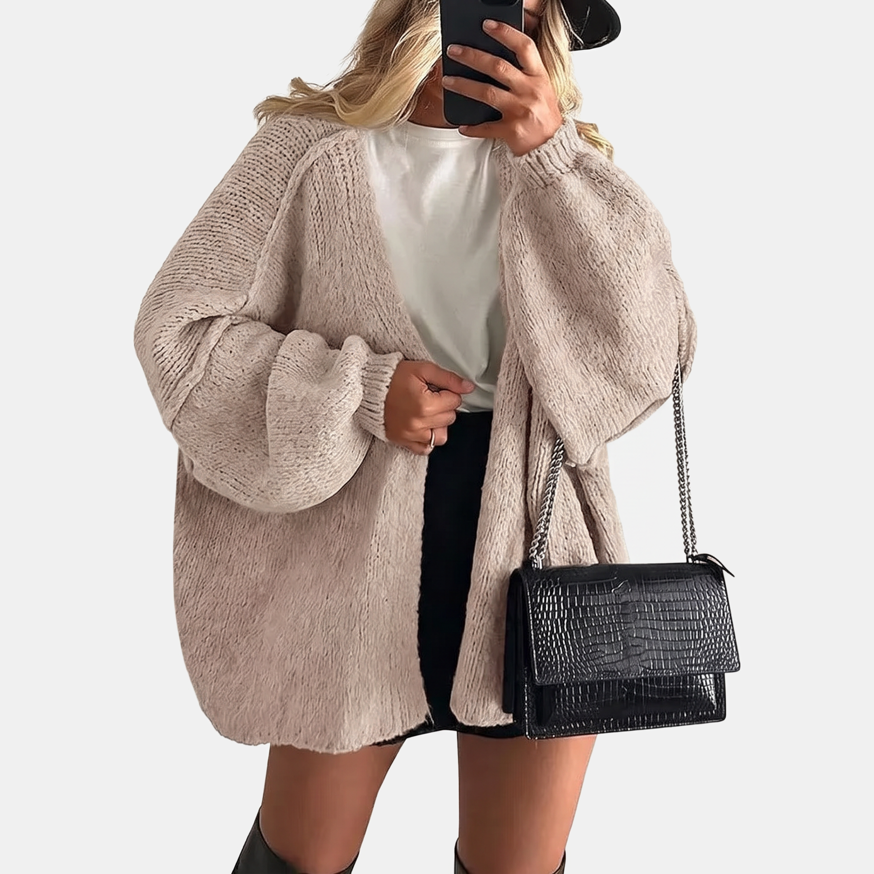 Women's Open Front Oversized Knit Cardigan with Lantern Sleeves