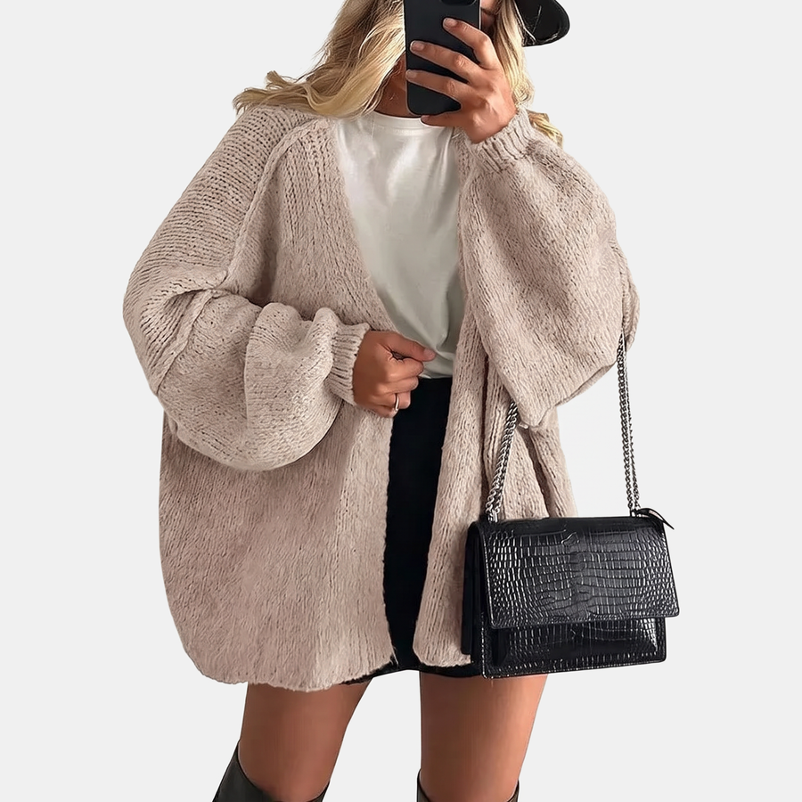 Women's Open Front Oversized Knit Cardigan with Lantern Sleeves