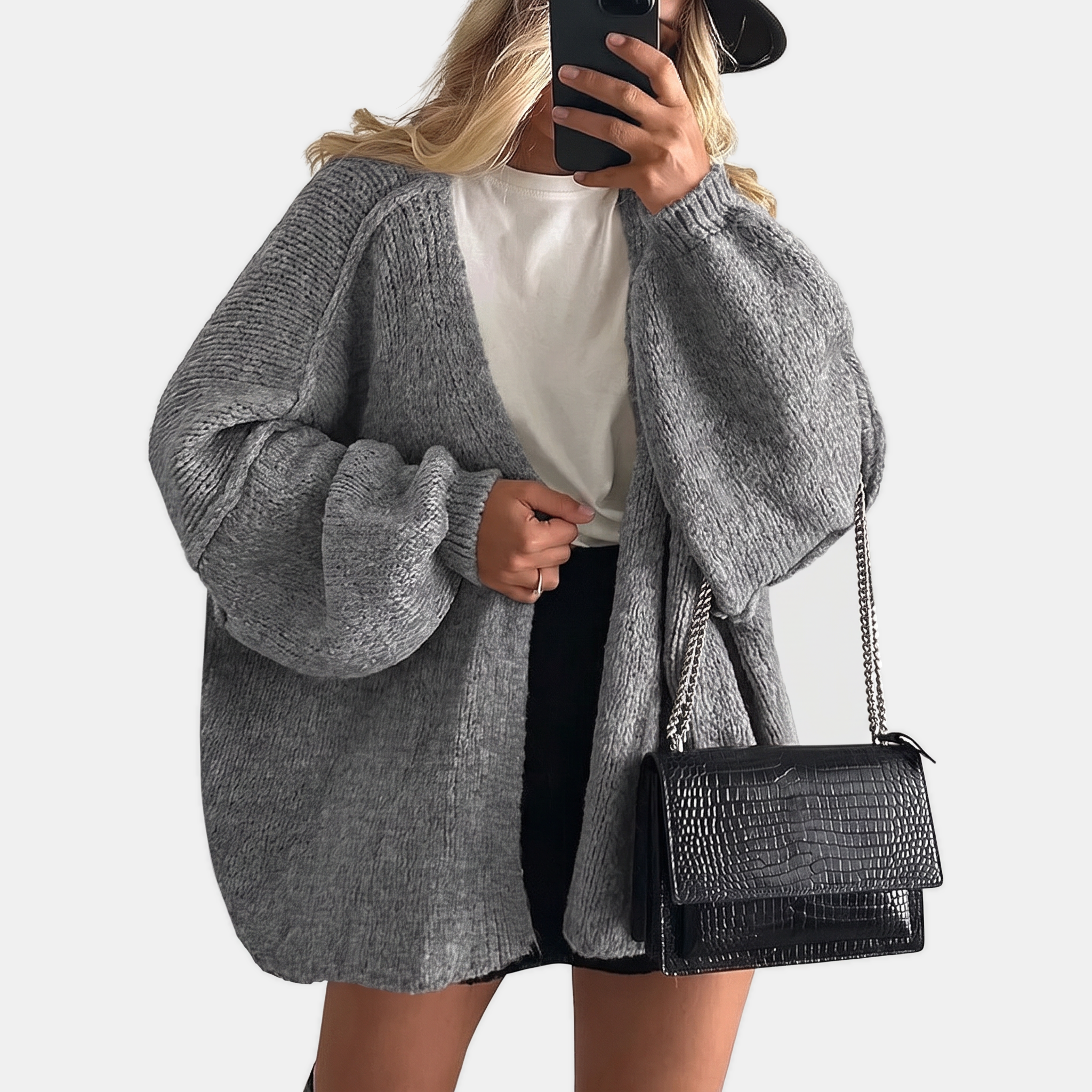 Women's Open Front Oversized Knit Cardigan with Lantern Sleeves