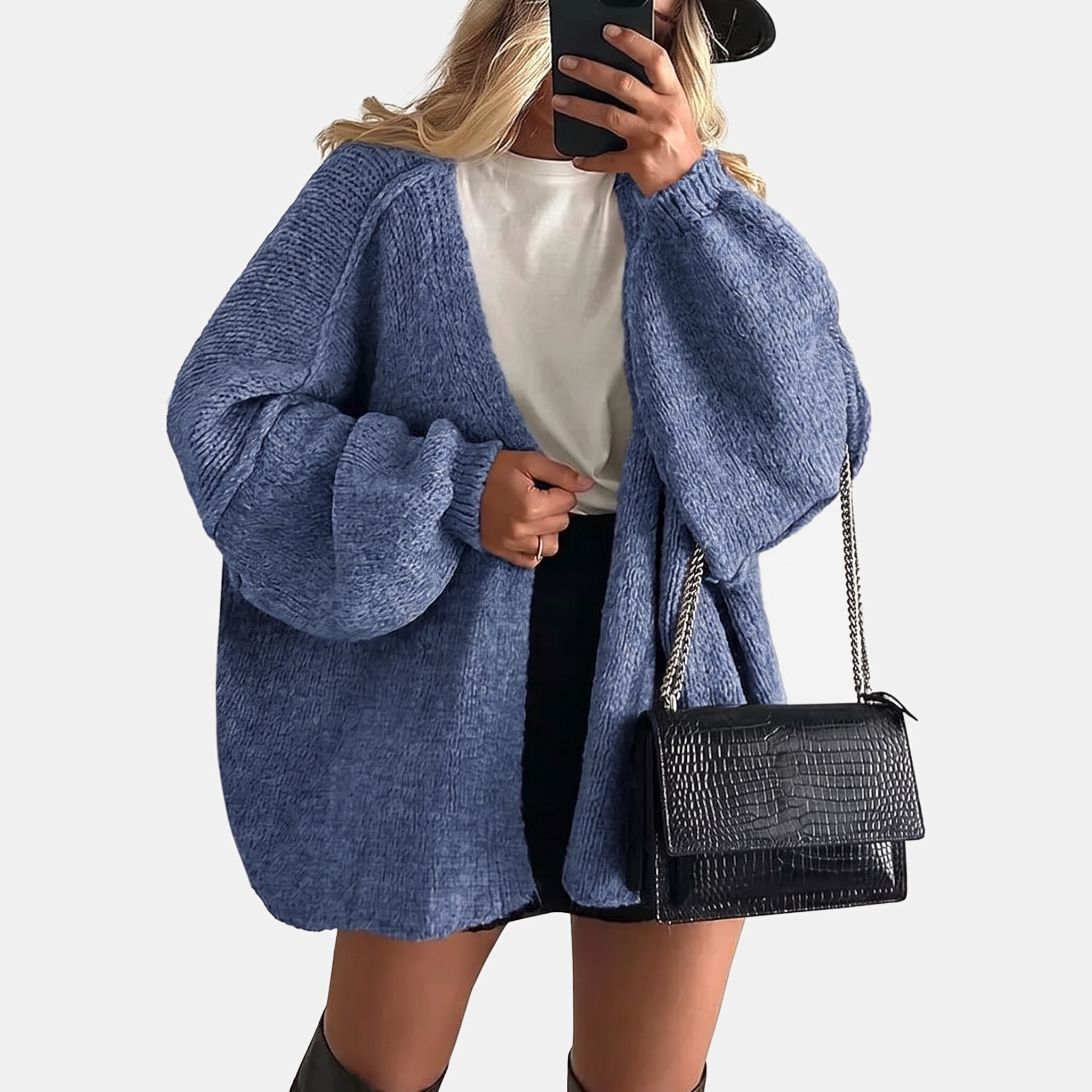 Women's Open Front Oversized Knit Cardigan with Lantern Sleeves