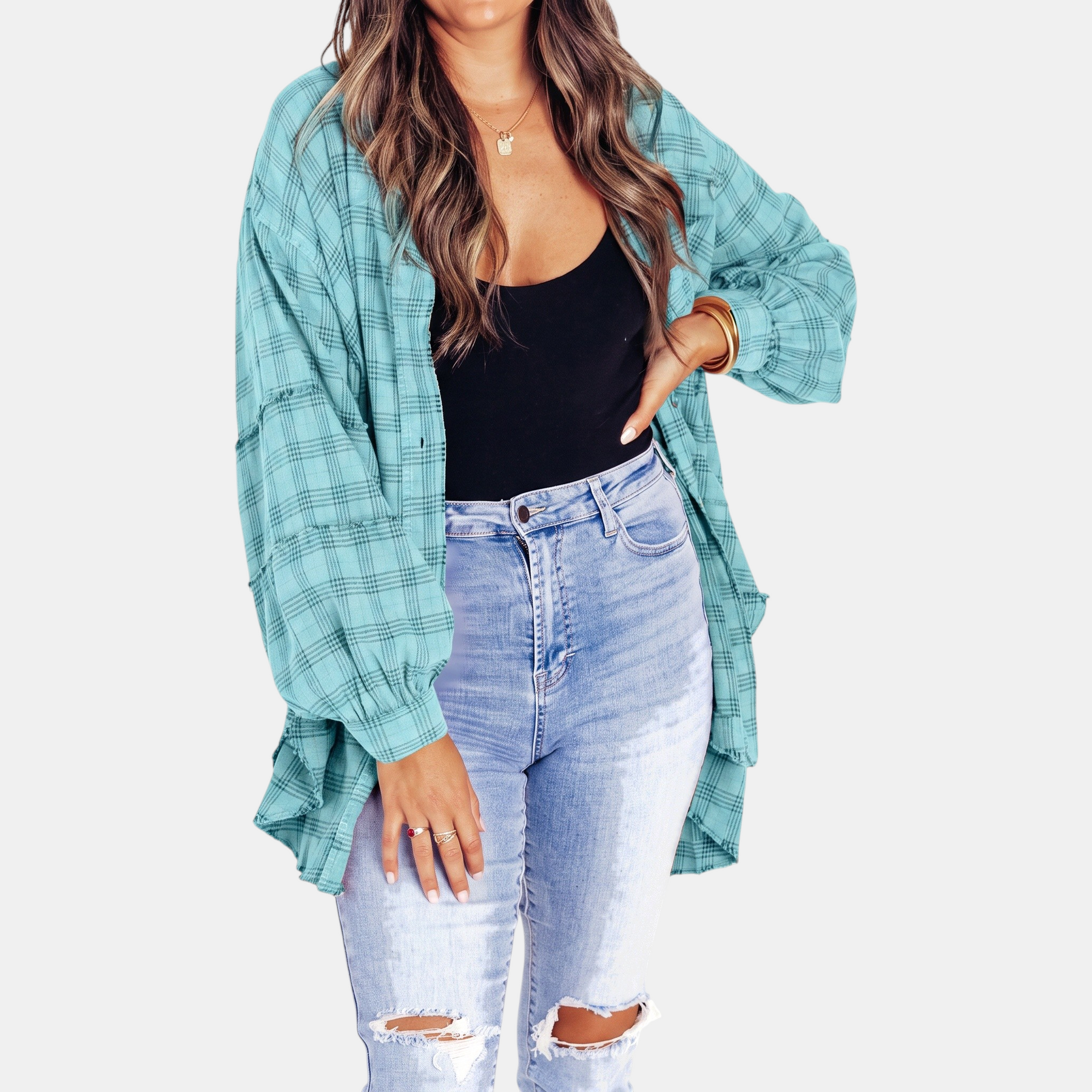 Women's Raw Hem Flannel Shirt Oversized Long Sleeve Blouse