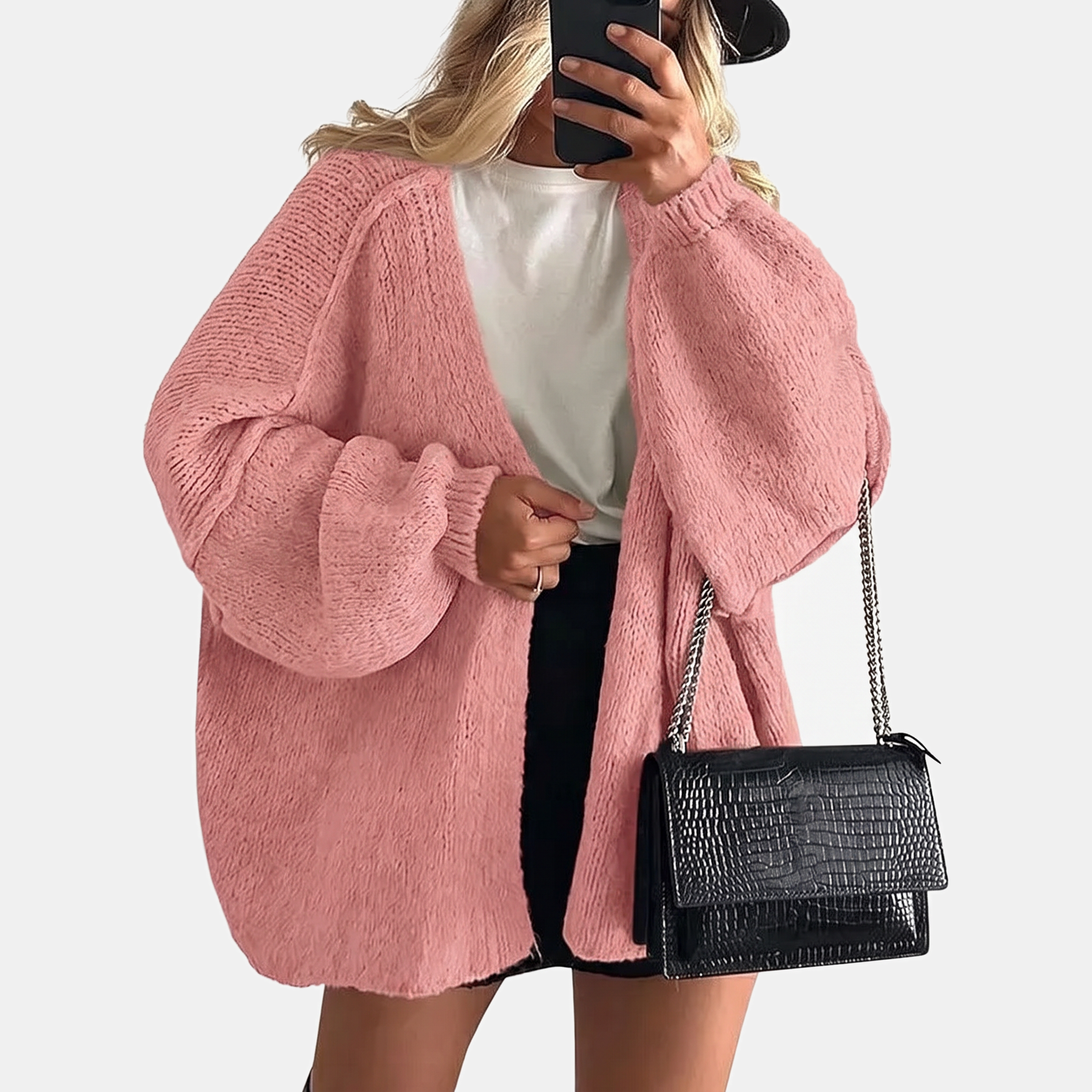 Women's Open Front Oversized Knit Cardigan with Lantern Sleeves