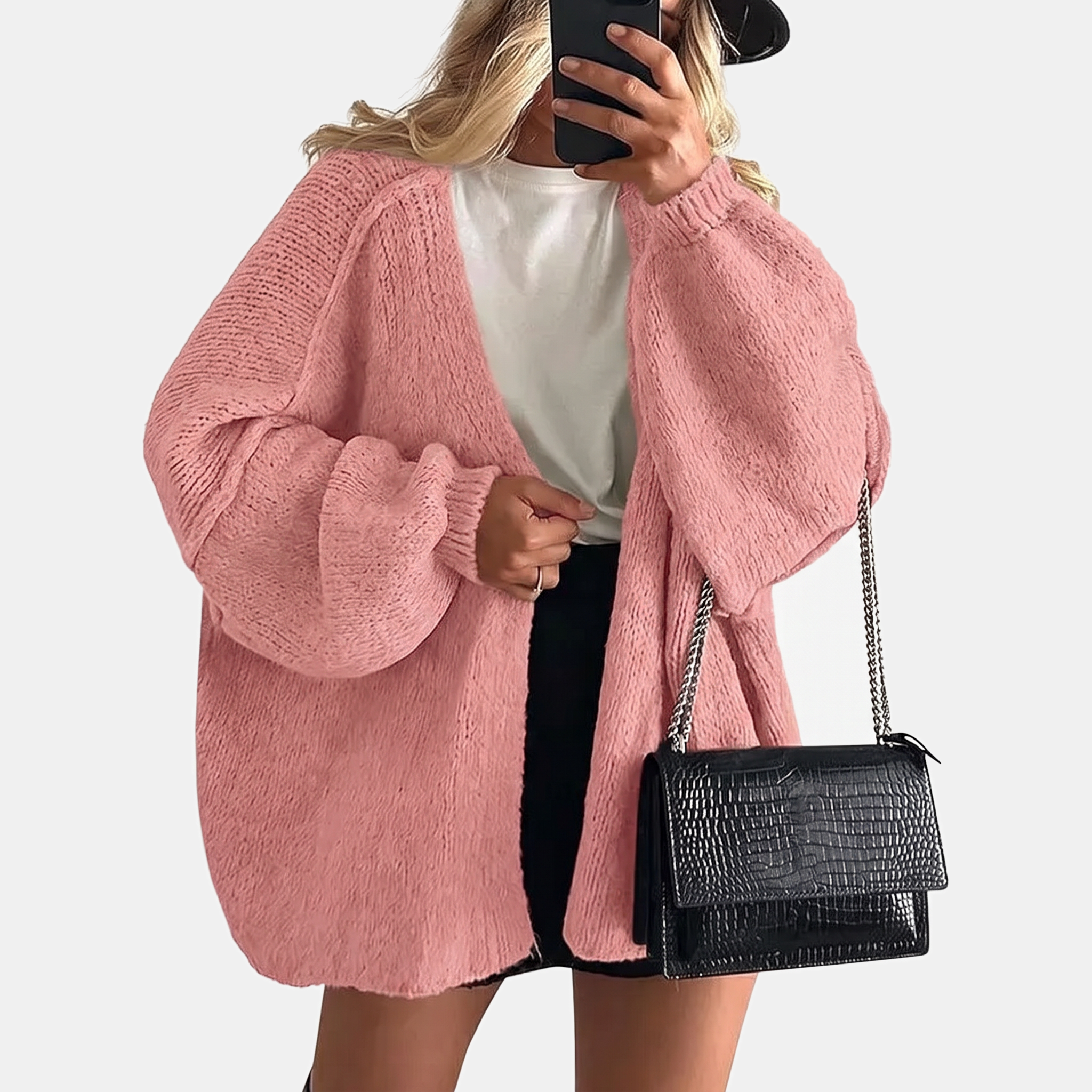 Women's Open Front Oversized Knit Cardigan with Lantern Sleeves