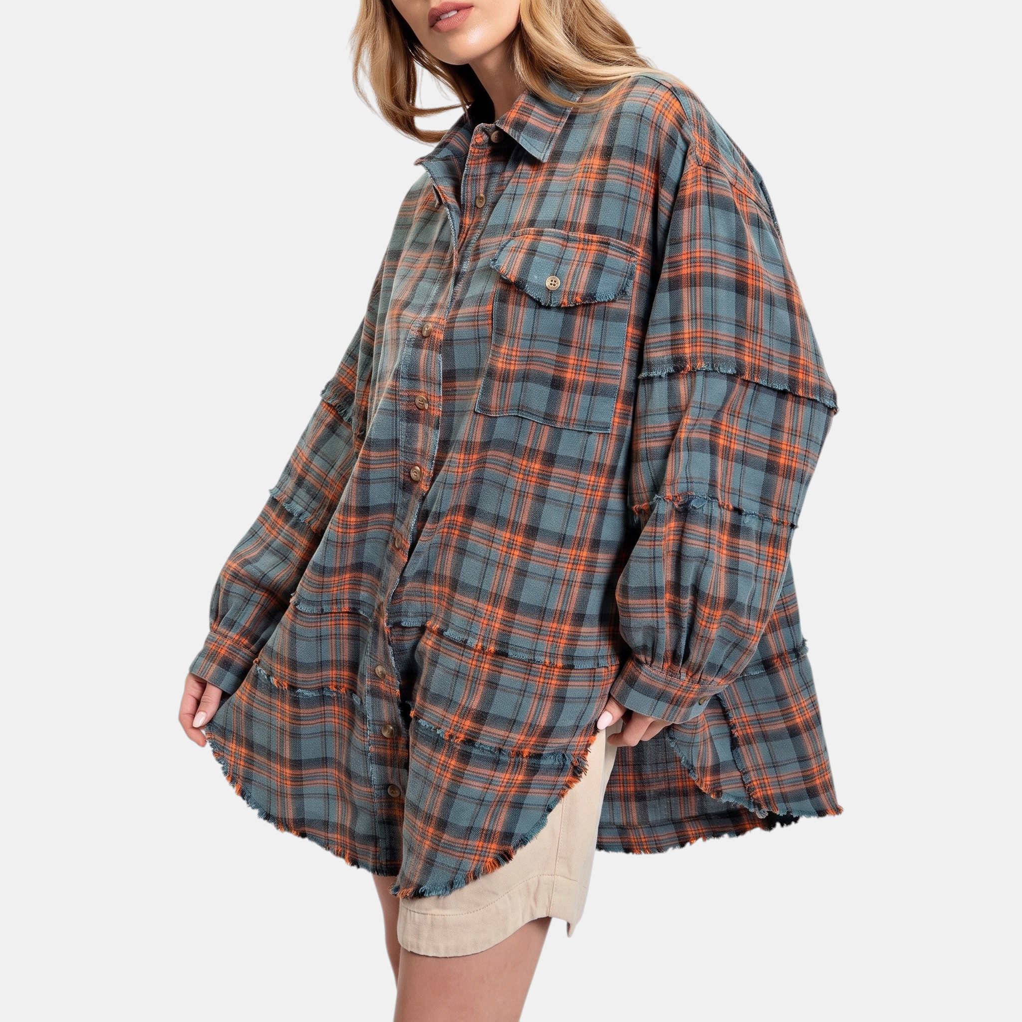 Women's Raw Hem Flannel Shirt Oversized Long Sleeve Blouse
