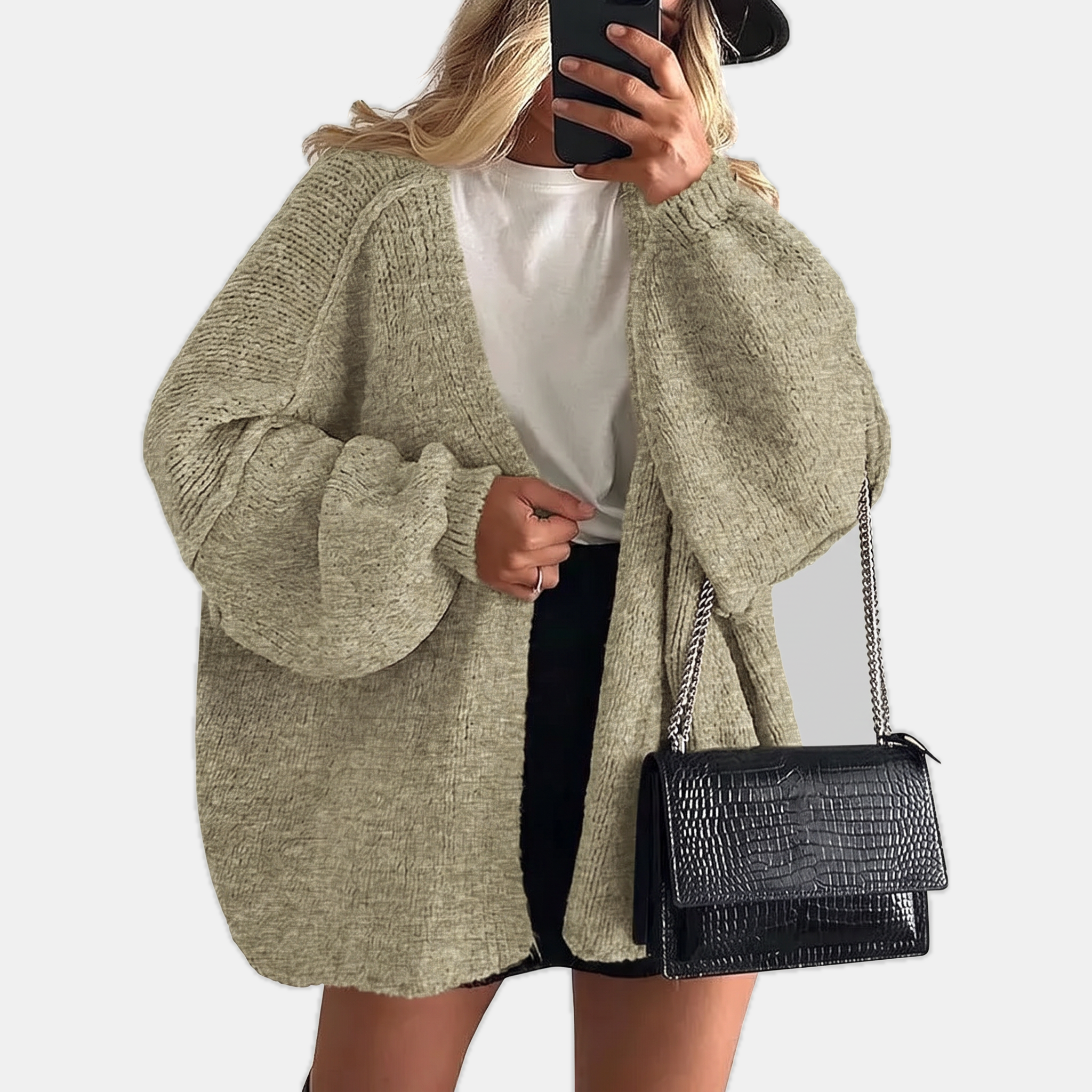 Women's Open Front Oversized Knit Cardigan with Lantern Sleeves