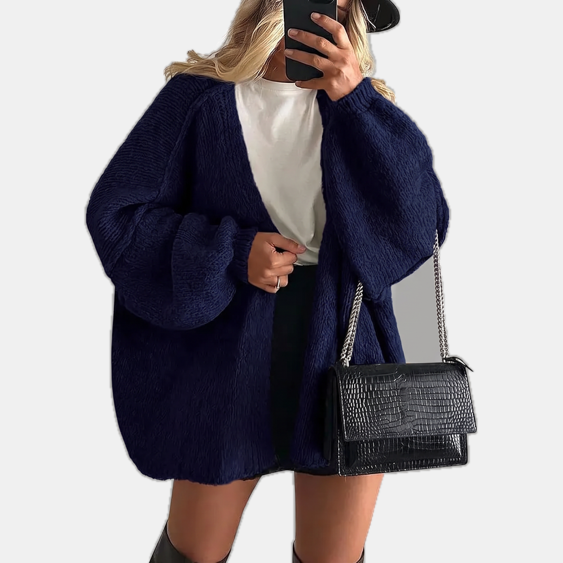 Women's Open Front Oversized Knit Cardigan with Lantern Sleeves