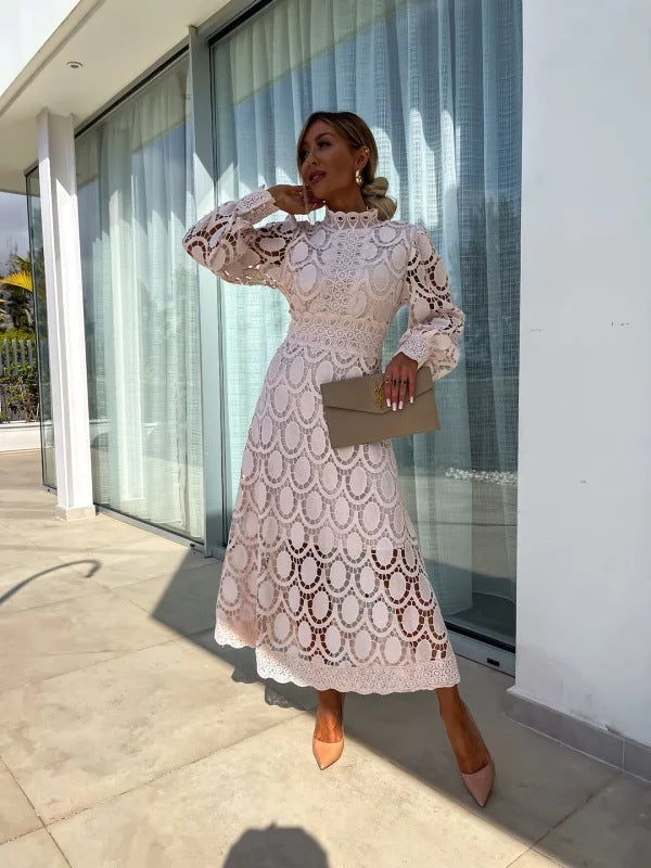 Scarlett | Pink Lace Midi Dress with High Neck and Puff Sleeves