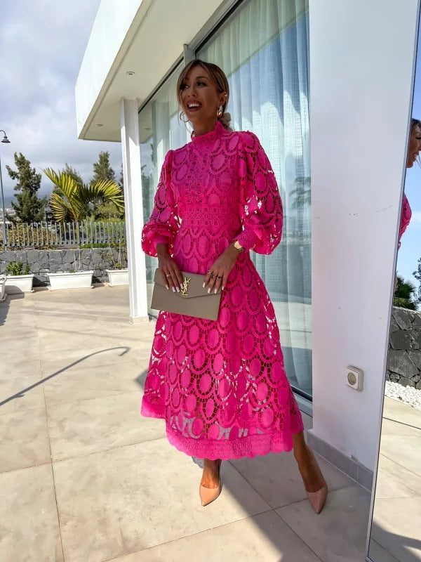 Scarlett | Pink Lace Midi Dress with High Neck and Puff Sleeves